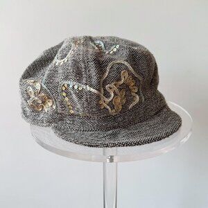 y2k vintage grey sparkly sequin embroidered tweed cabbie hat cadet cap